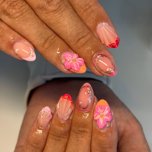 Mandelformede gelénegler med rosa og oransje blomster og perler